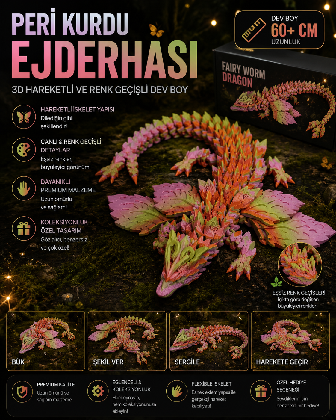 Gül Ejderhası 3D Hareketli ve Renk Geçişli Dev Boy