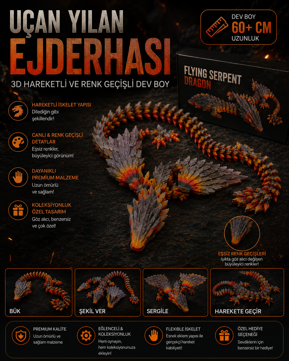 Gül Ejderhası 3D Hareketli ve Renk Geçişli Dev Boy