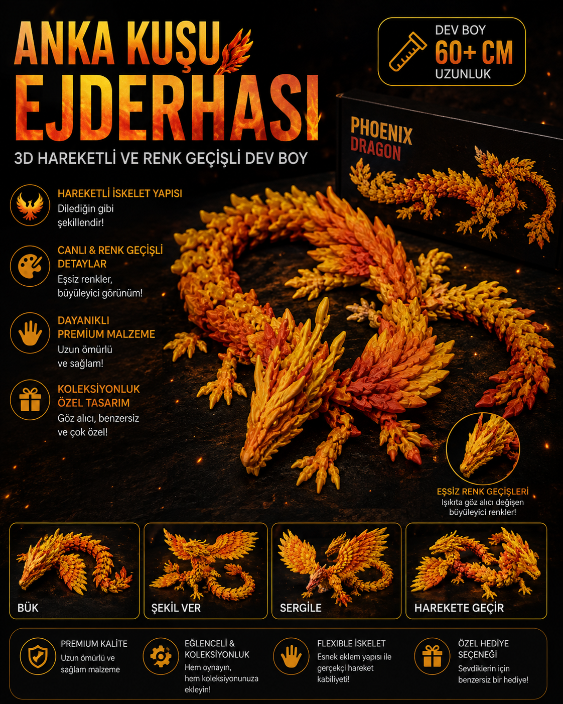 Gül Ejderhası 3D Hareketli ve Renk Geçişli Dev Boy